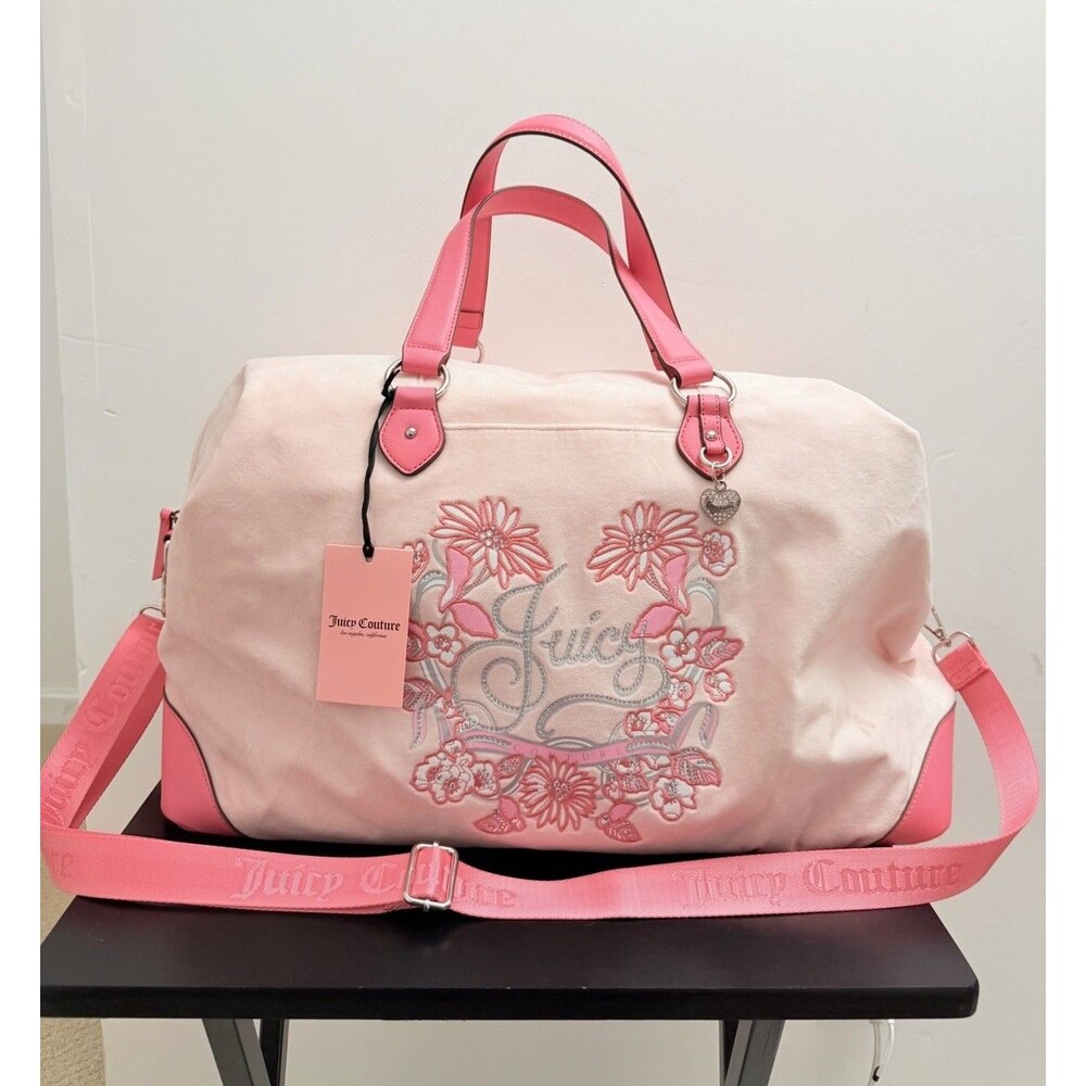 Juicy Couture Pink Embroidered Floral Duffle bag with Rhinestone and Bag Charm